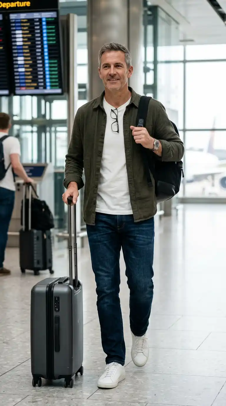 20 Men’s Travel Outfit Ideas for Spring Vacations 5 2. Overshirt with White T-Shirt and Dark Jeans for Airport Travel