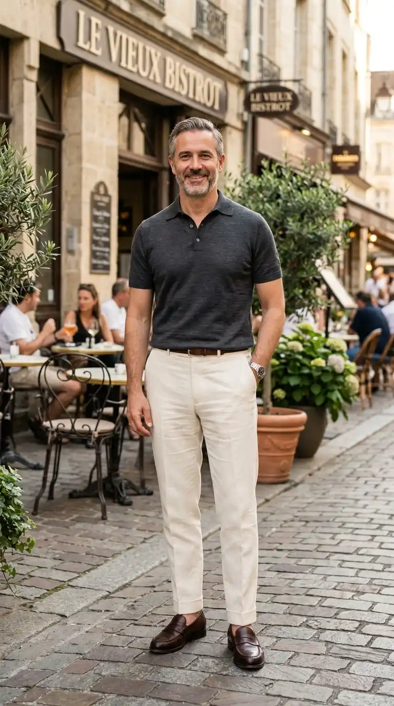 The Wardrobe Edit: 11 Minimalist Outfits for Men That Actually Work 6 3. Charcoal Knit Polo with Cream Trousers and Loafers