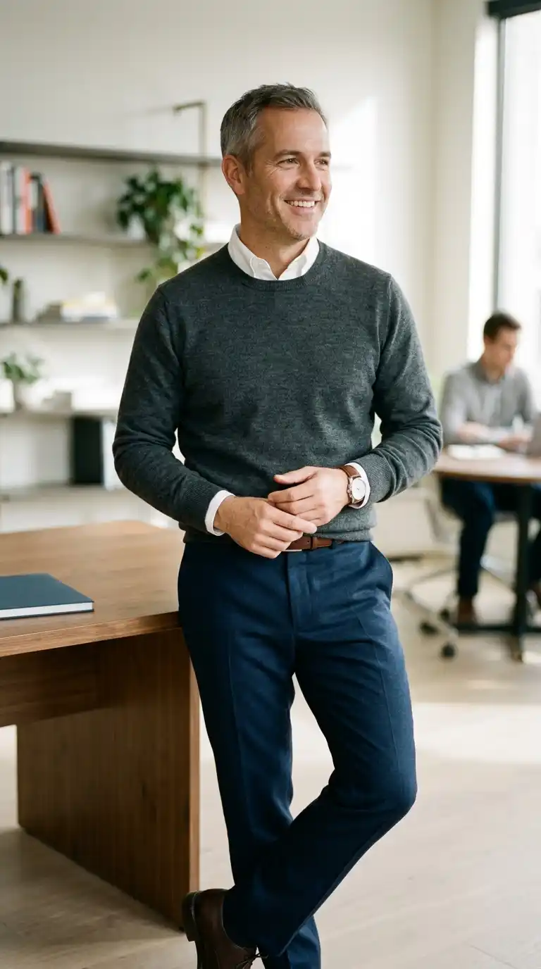 21 Capsule Workwear Outfits for Men (Minimal Office Style) 12 3. Charcoal Knit Sweater with White Shirt and Navy Trousers