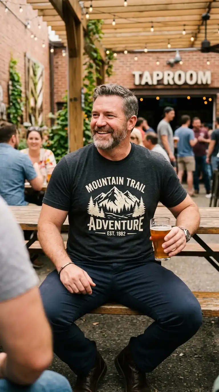 20 Curvy-Friendly Graphic Tees for Curvy Men Over 40 6 3. Dark Base Tees with Light Graphics for Slimming Contrast