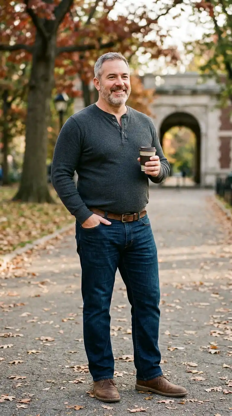 11 Weekend Outfits for Curvy Men Over 40 (casual & Comfy) 6 3. Henley Shirt with Dark Denim