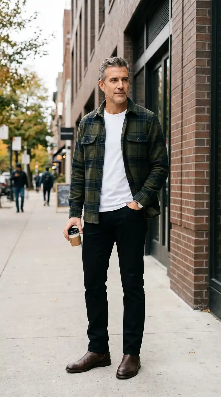 Weekend Outfits for Men Minimalist Wardrobe: 10 Stylish Ideas 6 3. Overshirt With Plain Tee and Black Jeans Combination