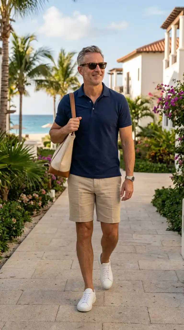 20 Men’s Travel Outfit Ideas for Spring Vacations 6 3. Polo Shirt with Tailored Shorts for Warm Resort Destinations