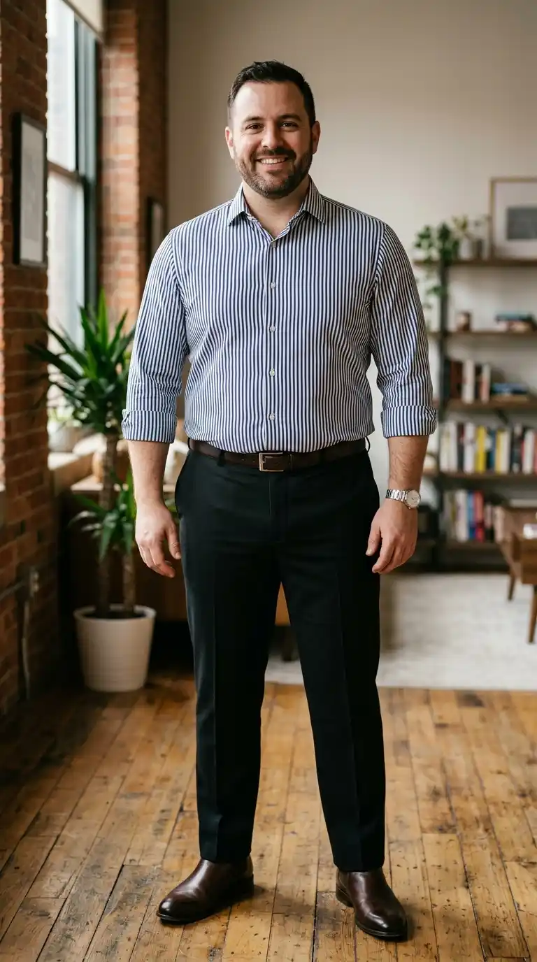 3. Vertical Stripe Shirt with Black Trousers for a Slimming Effect