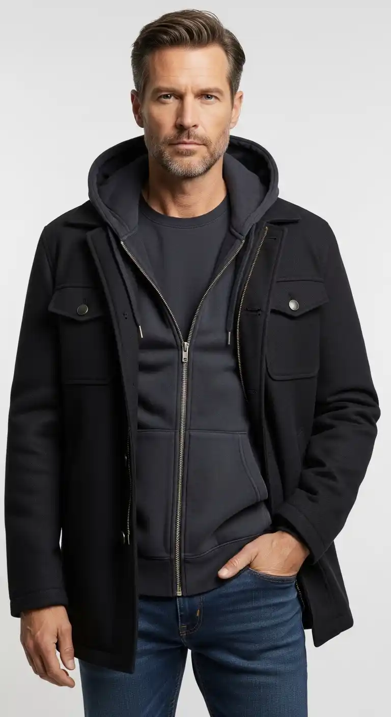 13 Stylish Layered Looks for Curvy Men Over 40 (Fall & Winter) 7 3. Zip-Up Hoodie Under Structured Jacket