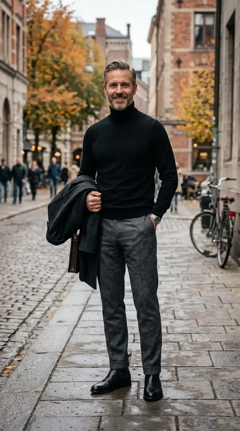 The Wardrobe Edit: 11 Minimalist Outfits for Men That Actually Work 7 4. Black Turtleneck with Grey Wool Trousers and Chelsea Boots