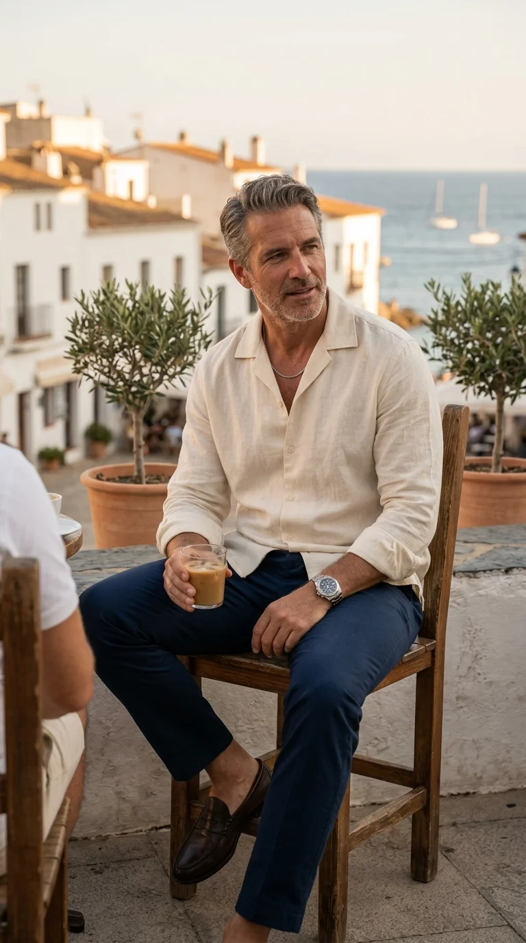 15 Minimalist Shirt Styles for Men Over 40 (Neutral Colors Only) 7 4. Cream Cuban Collar Shirts for Understated Vacation Looks