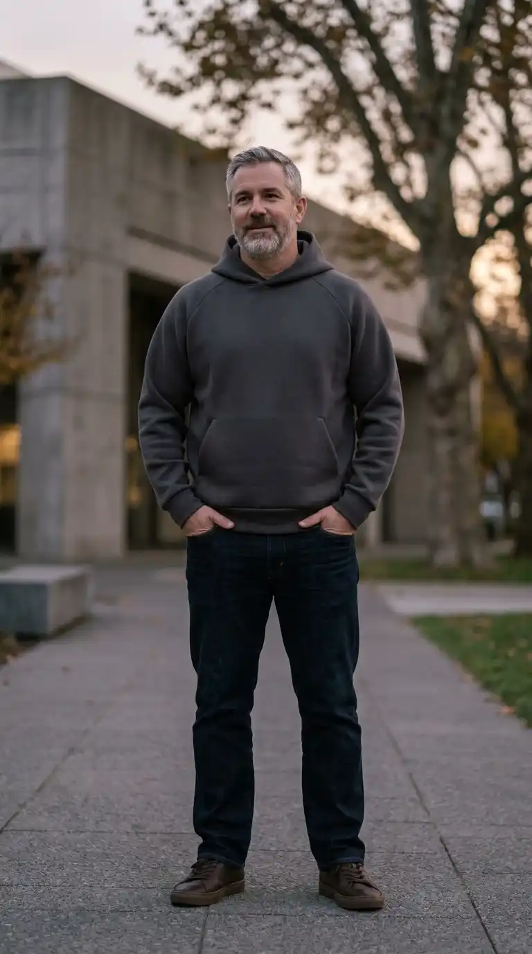 11 Stylish Cozy Hoodies for Curvy Men Over 40 (No Bulk) 7 4. Dark-Tone Minimalist Hoodie for a Slimmer Look
