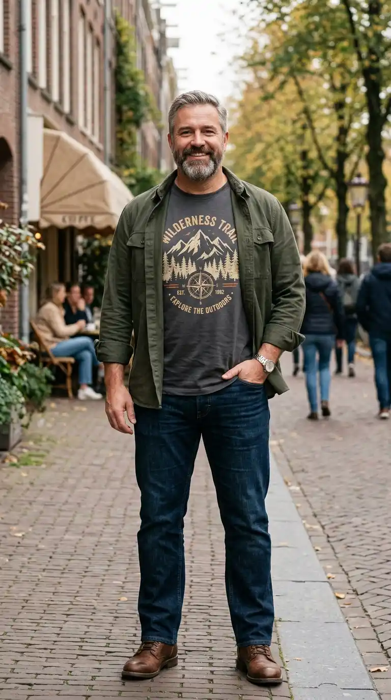 11 Weekend Outfits for Curvy Men Over 40 (casual & Comfy) 7 4. Graphic T-Shirt with Open Overshirt