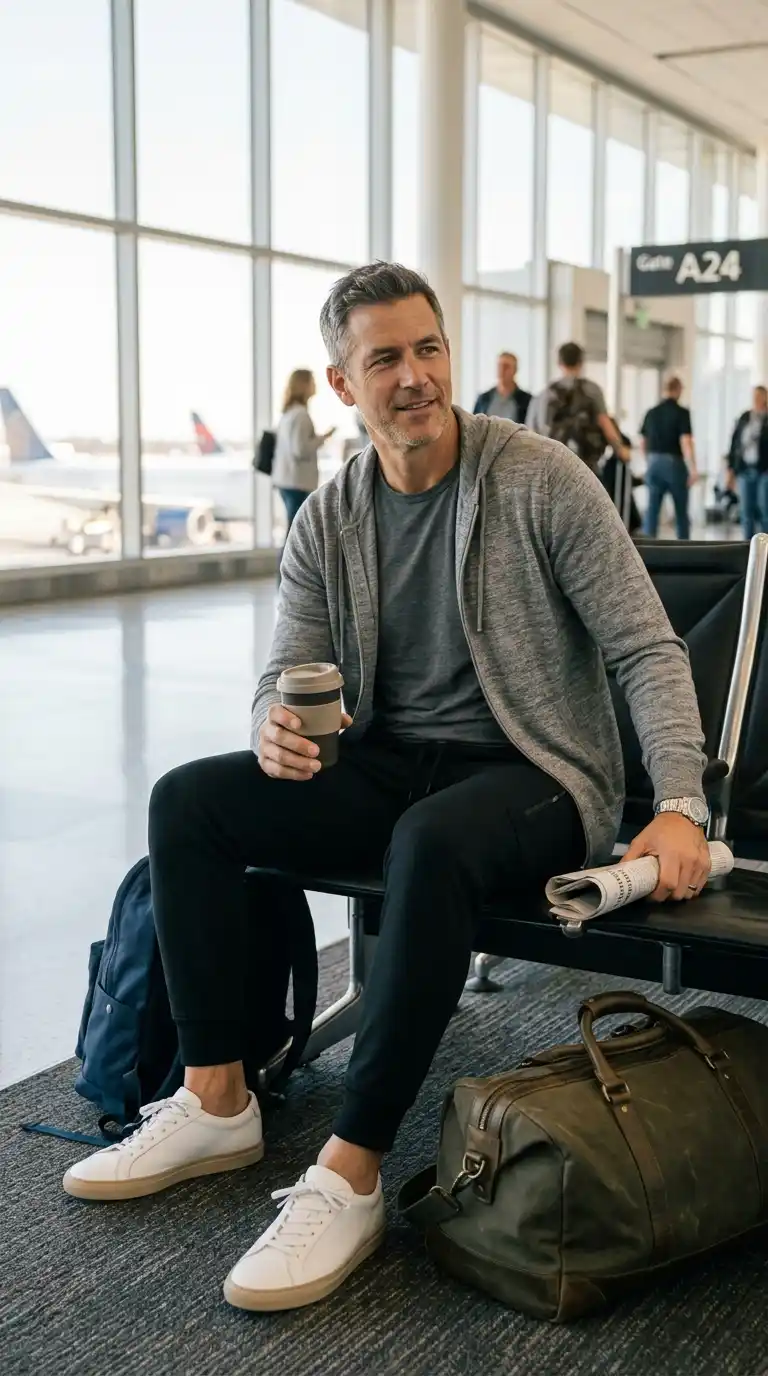 20 Men’s Travel Outfit Ideas for Spring Vacations 7 4. Lightweight Hoodie with Joggers for Road Trips and Casual Flights