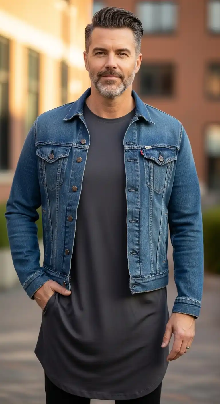 13 Stylish Layered Looks for Curvy Men Over 40 (Fall & Winter) 8 4. Longline T-Shirt with Denim Jacket