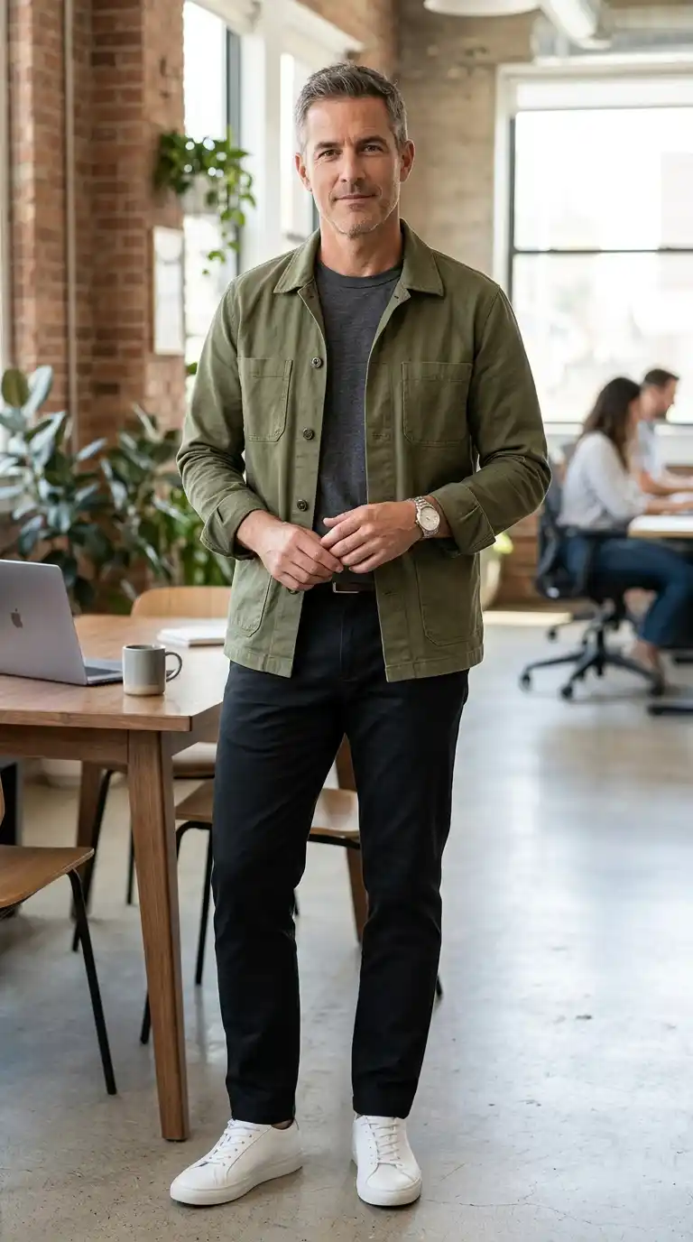 21 Capsule Workwear Outfits for Men (Minimal Office Style) 13 4. Olive Overshirt with Black Trousers and Neutral T-Shirt