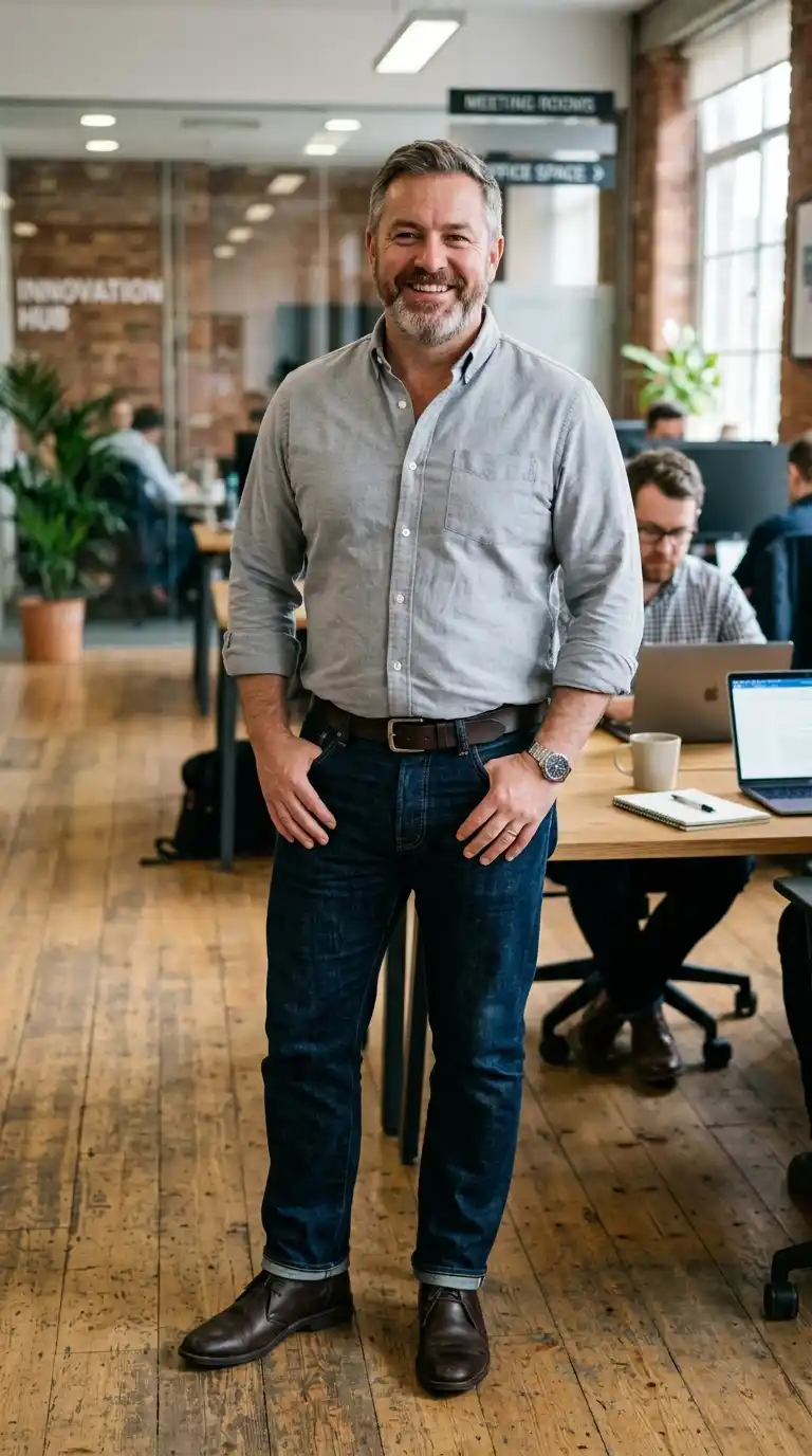 4. Soft Grey Shirt with Dark Denim for Smart Casual Office Days