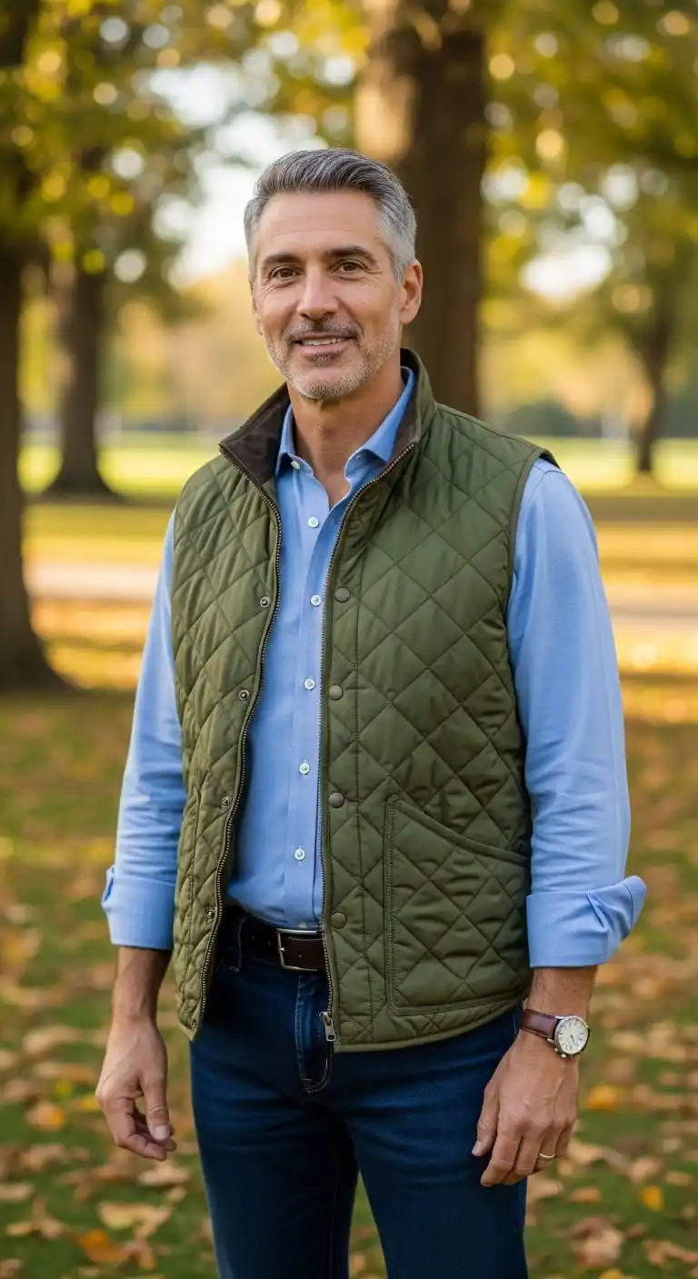 13 Stylish Layered Looks for Curvy Men Over 40 (Fall & Winter) 9 5. Button-Down Shirt with Quilted Vest