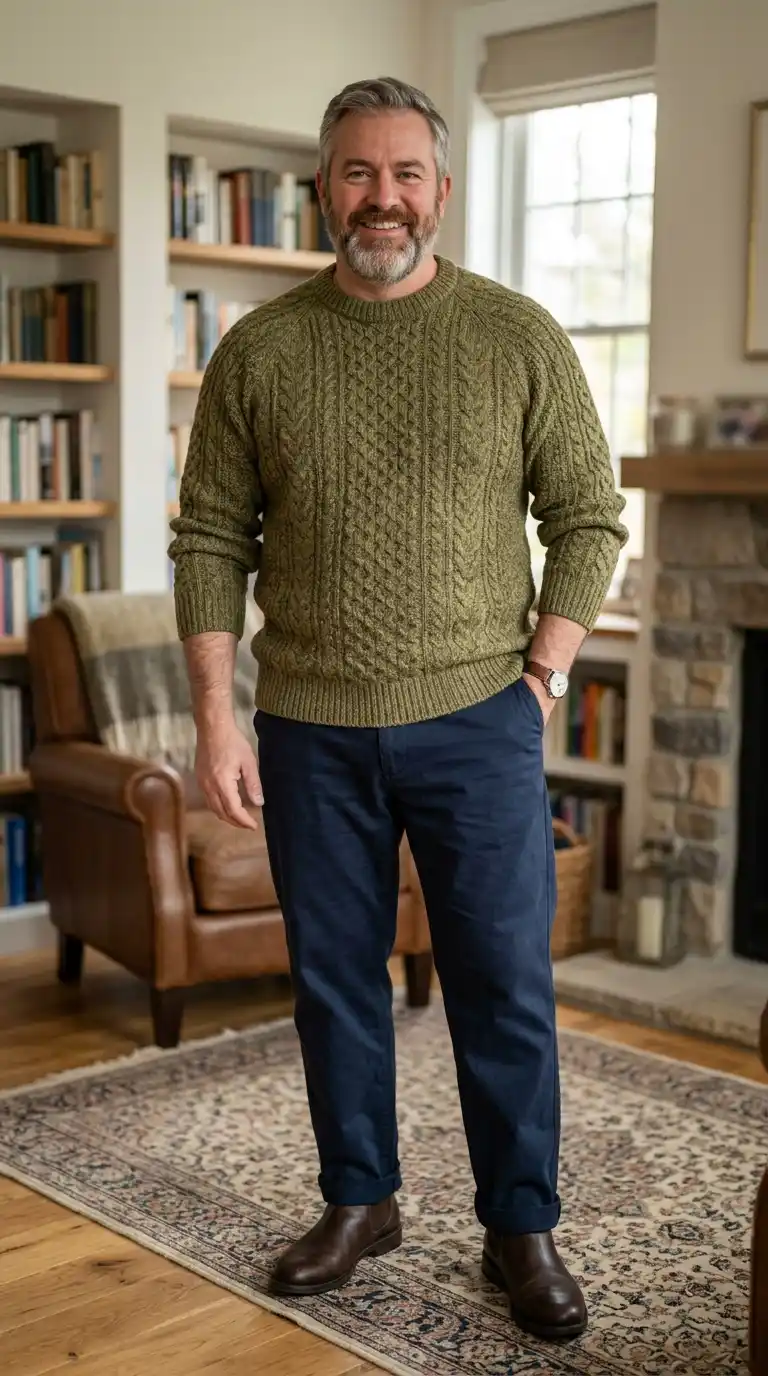 11 Weekend Outfits for Curvy Men Over 40 (casual & Comfy) 8 5. Knit Sweater with Relaxed Trousers