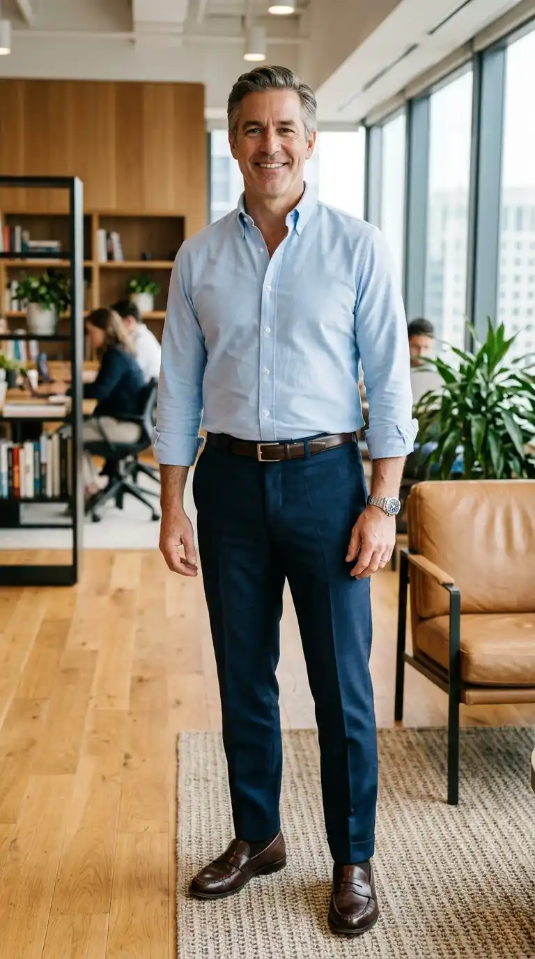 21 Capsule Workwear Outfits for Men (Minimal Office Style) 14 5. Light Blue Button-Down Shirt with Dark Trousers and Brown Loafers