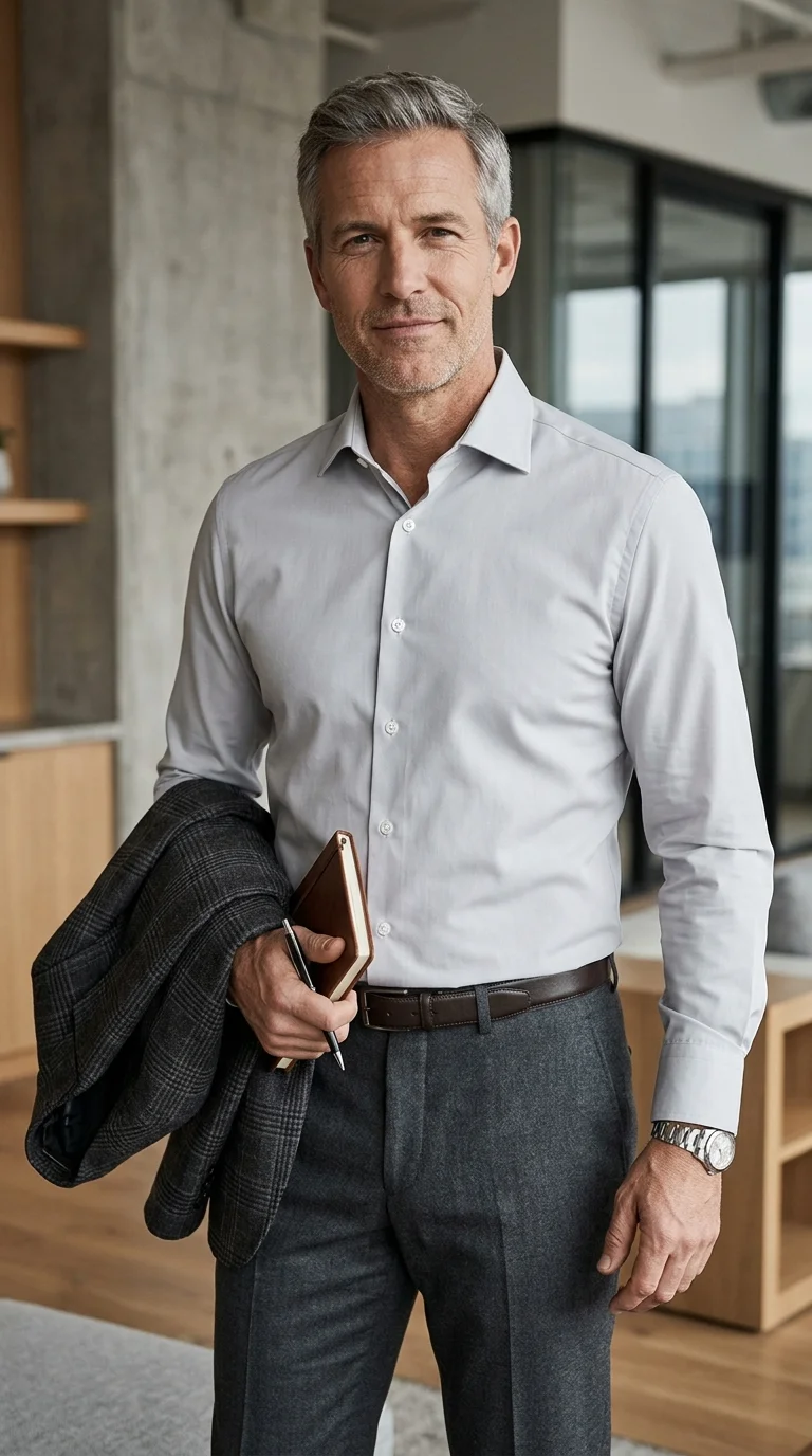 15 Minimalist Shirt Styles for Men Over 40 (Neutral Colors Only) 8 5. Light Gray Poplin Shirts for Modern Professional Wardrobes