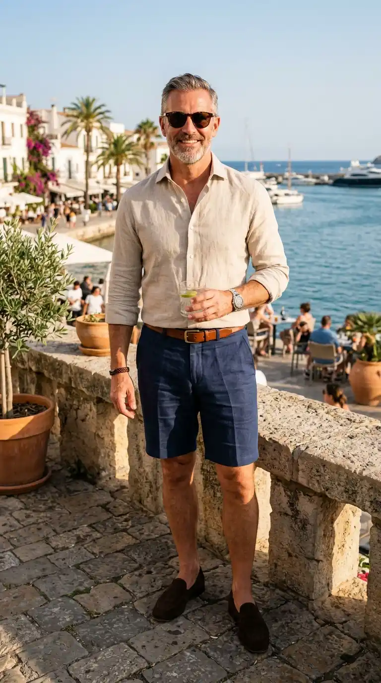 Weekend Outfits for Men Minimalist Wardrobe: 10 Stylish Ideas 8 5. Linen Shirt With Tailored Shorts During Warm Weather