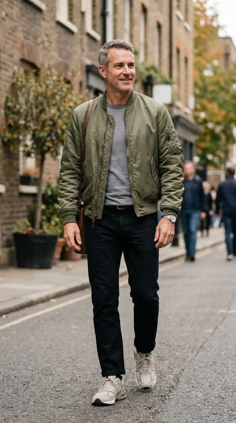 The Wardrobe Edit: 11 Minimalist Outfits for Men That Actually Work 8 5. Olive Bomber Jacket with Black Jeans and Neutral Sneakers