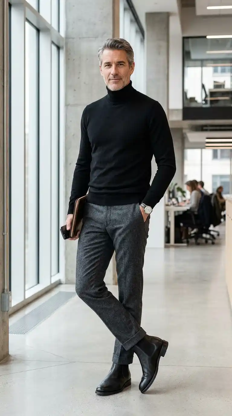 21 Capsule Workwear Outfits for Men (Minimal Office Style) 15 6. Black Turtleneck with Grey Wool Trousers and Chelsea Boots