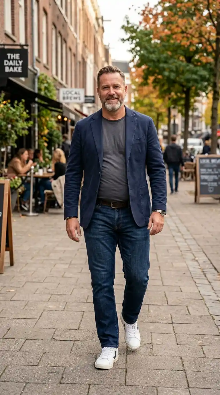 11 Weekend Outfits for Curvy Men Over 40 (casual & Comfy) 9 6. Casual Blazer with T-Shirt and Jeans