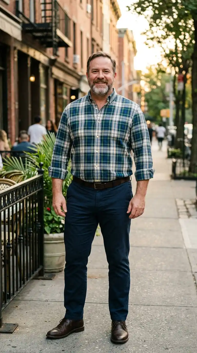 6. Checkered Shirt with Navy Trousers for a Confident Look