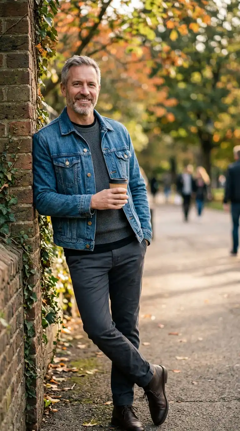 Weekend Outfits for Men Minimalist Wardrobe: 10 Stylish Ideas 9 6. Denim Jacket Over Monochrome Basics for Transitional Weather