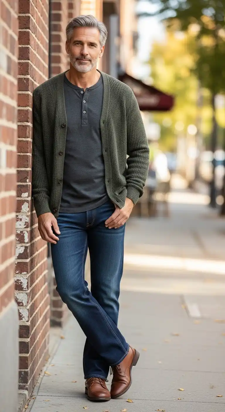 13 Stylish Layered Looks for Curvy Men Over 40 (Fall & Winter) 10 6. Henley Shirt with Cardigan and Straight Fit Pants