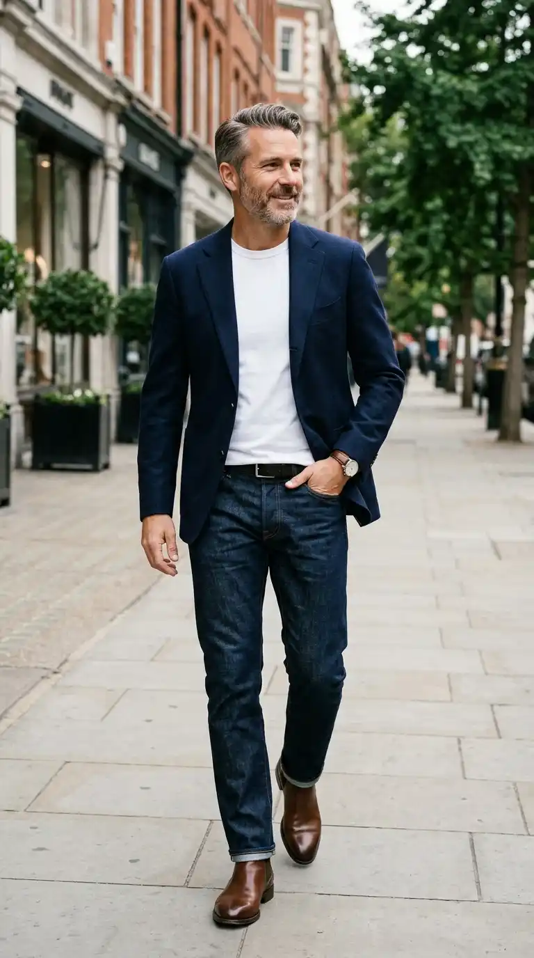 The Wardrobe Edit: 11 Minimalist Outfits for Men That Actually Work 9 6. Navy Blazer with White T-Shirt and Dark Denim
