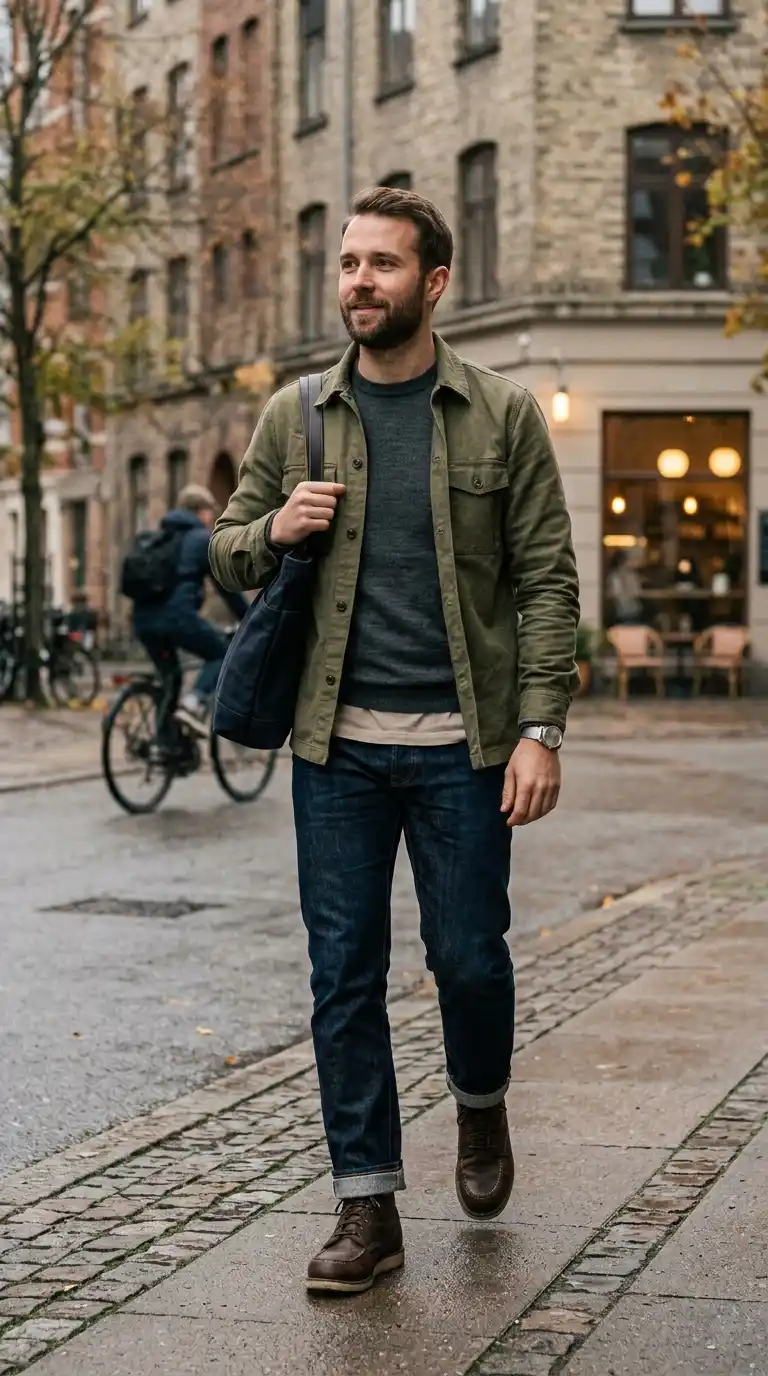 15 Minimalist Shirt Styles for Men Over 40 (Neutral Colors Only) 9 6. Olive Green Overshirts for Functional Minimalist Layering
