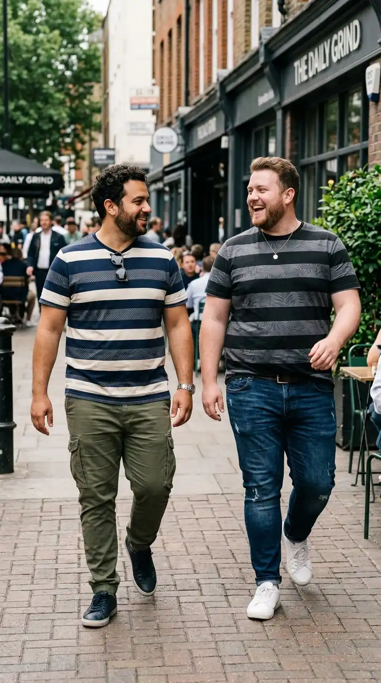20 Curvy-Friendly Graphic Tees for Curvy Men Over 40 9 6. Striped Graphic Tees with Subtle Patterns