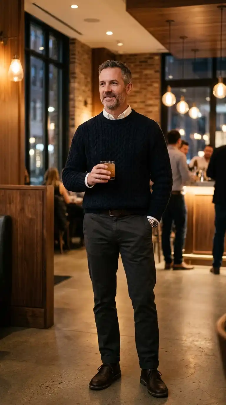 Weekend Outfits for Men Minimalist Wardrobe: 10 Stylish Ideas 10 7. Knit Sweater With Dark Trousers for Evening Plans