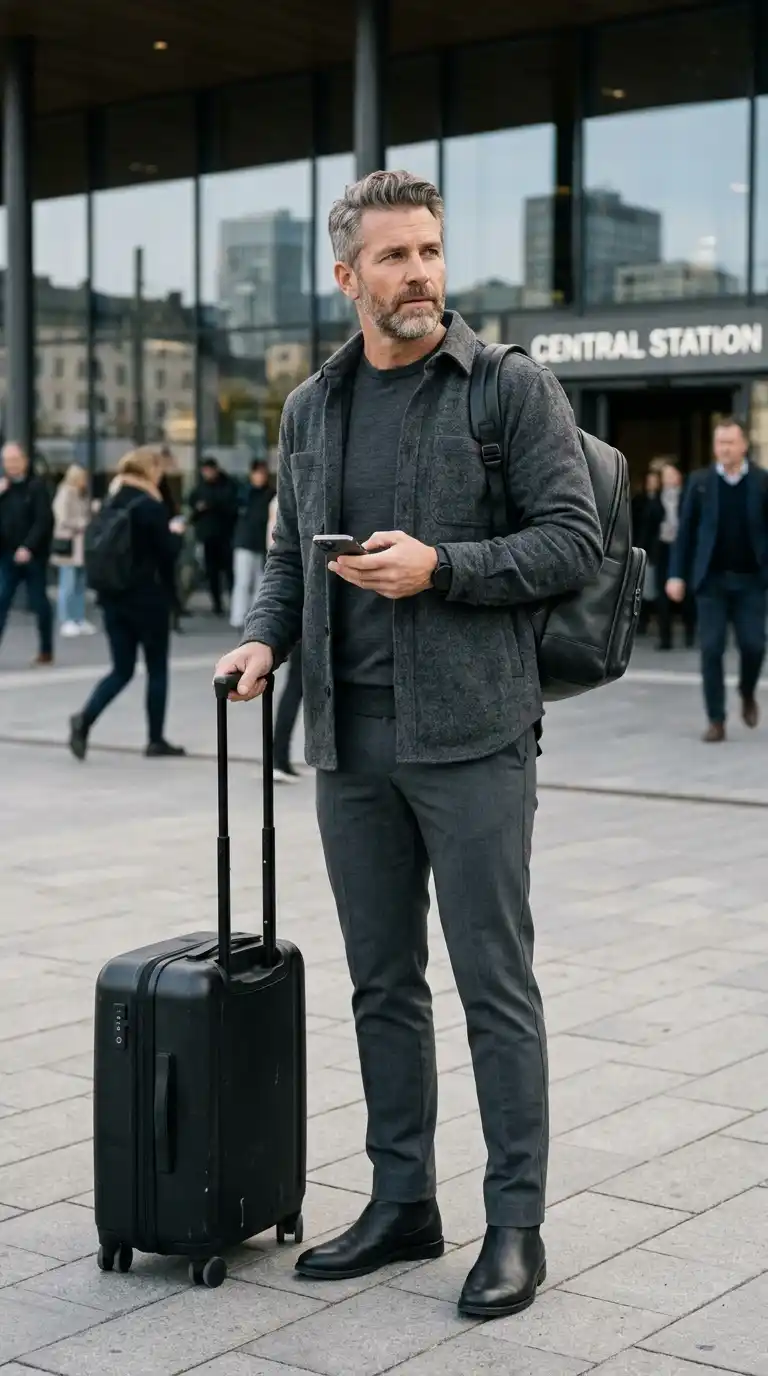 20 Men’s Travel Outfit Ideas for Spring Vacations 10 7. Monochrome Neutral Outfit for Minimalist Travelers