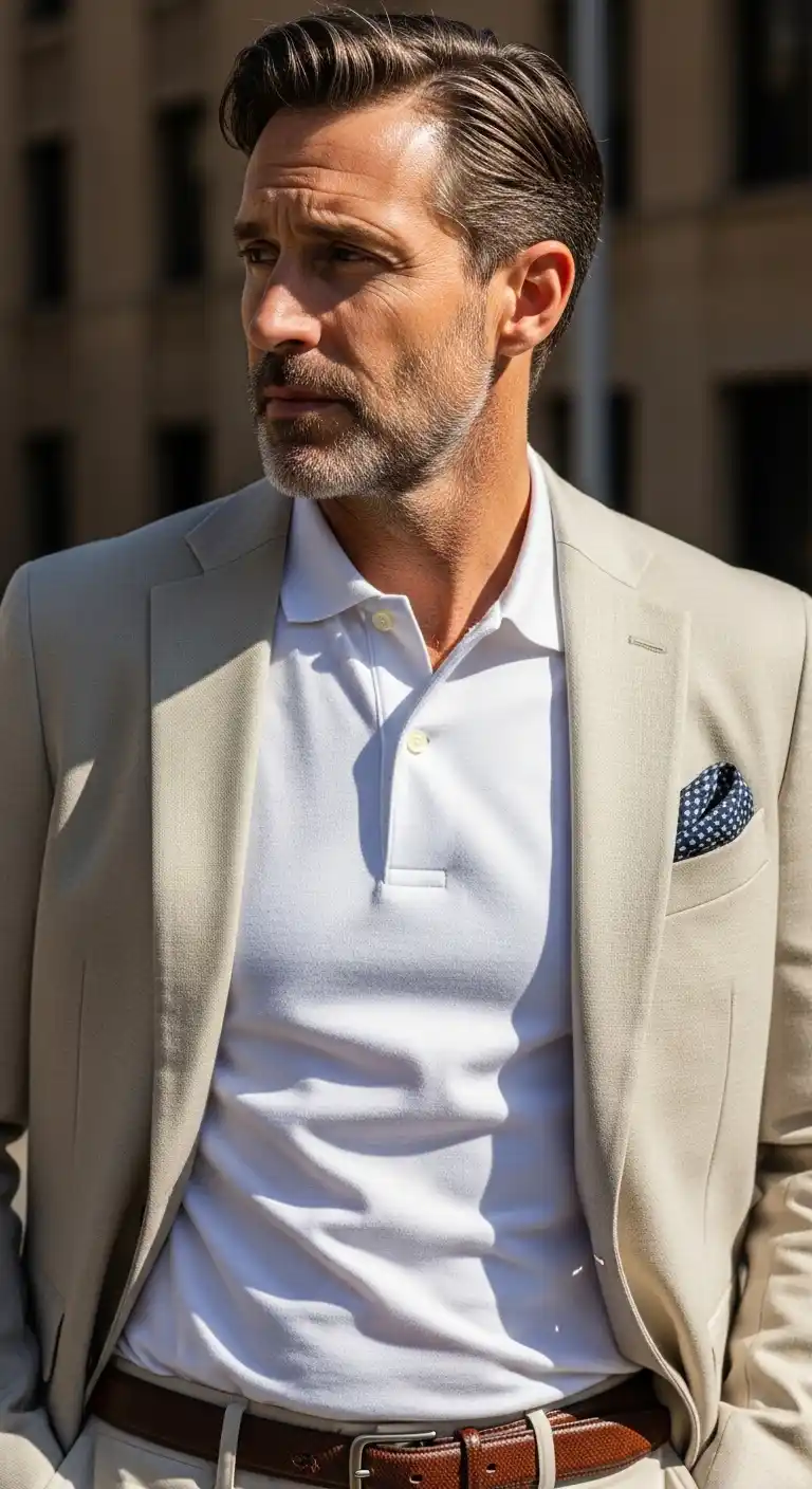 13 Stylish Layered Looks for Curvy Men Over 40 (Fall & Winter) 11 7. Polo Shirt Under Lightweight Blazer