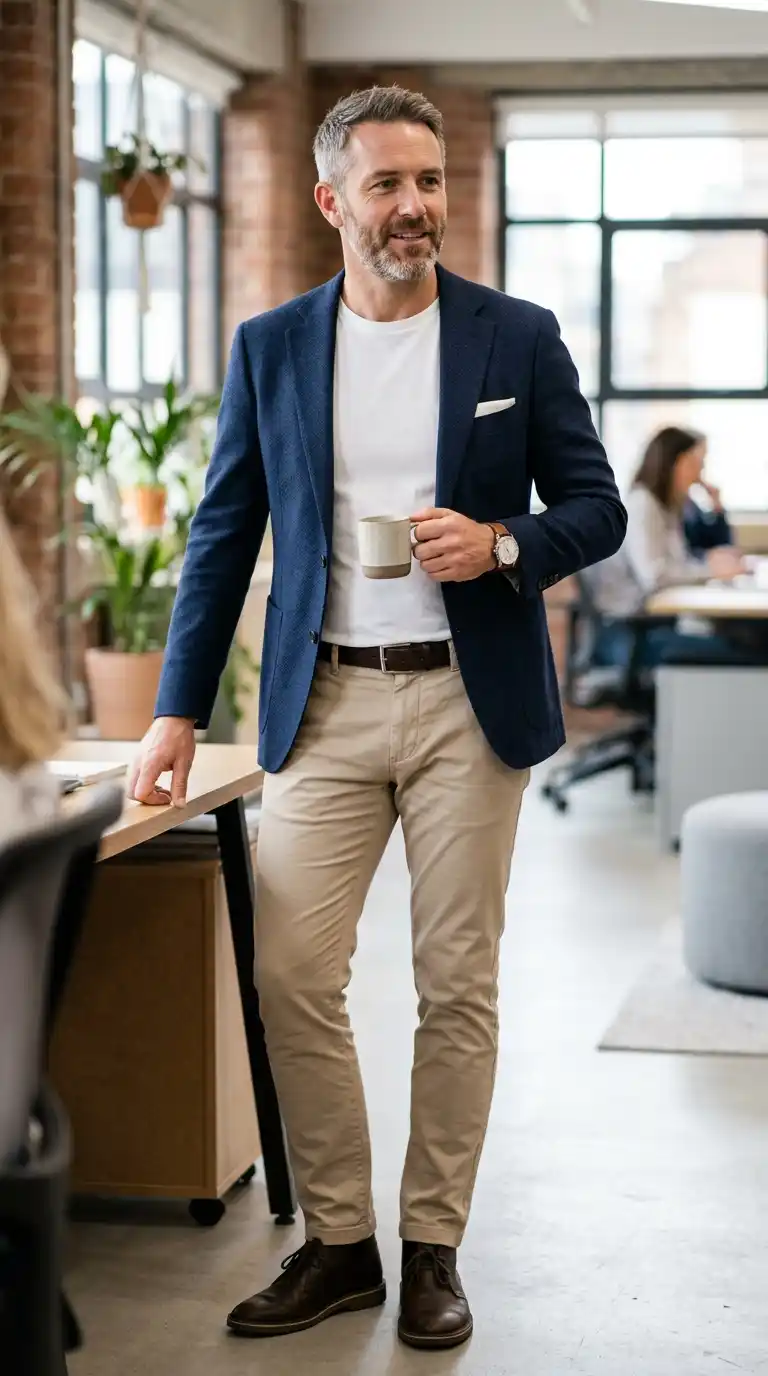 21 Capsule Workwear Outfits for Men (Minimal Office Style) 16 7. White T-Shirt with Structured Blazer and Tailored Chinos