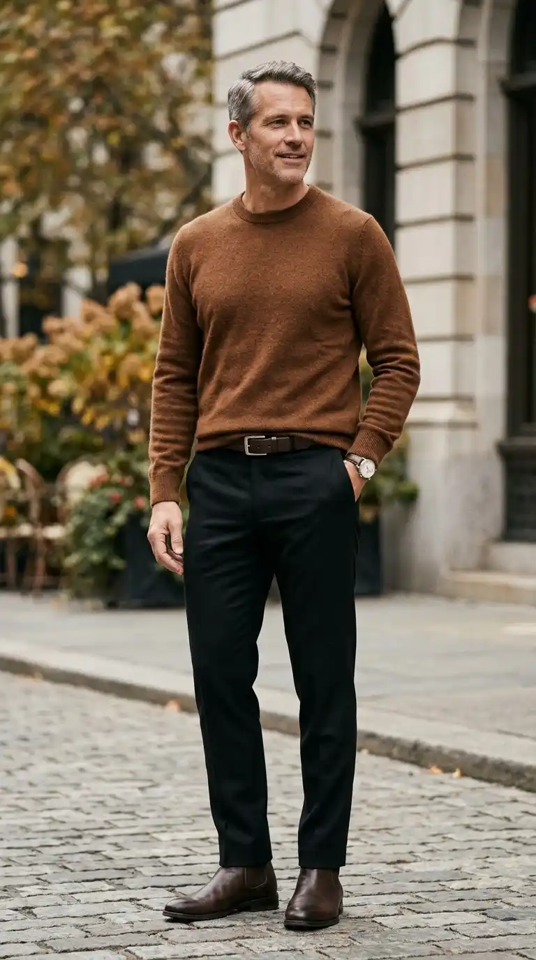 The Wardrobe Edit: 11 Minimalist Outfits for Men That Actually Work 11 8. Brown Crewneck Sweater with Tailored Black Pants