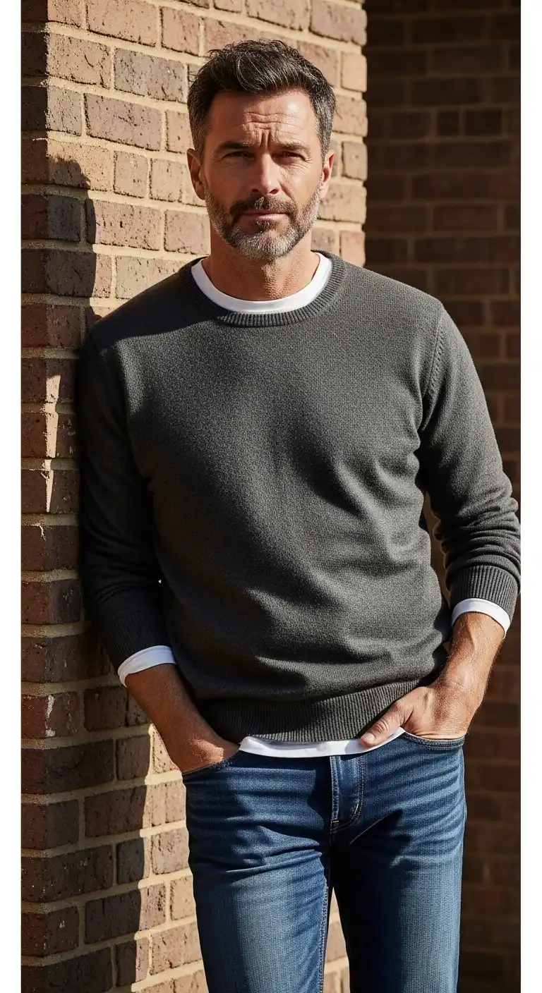 13 Stylish Layered Looks for Curvy Men Over 40 (Fall & Winter) 12 8. Crewneck Sweater Over T-Shirt with Dark Denim