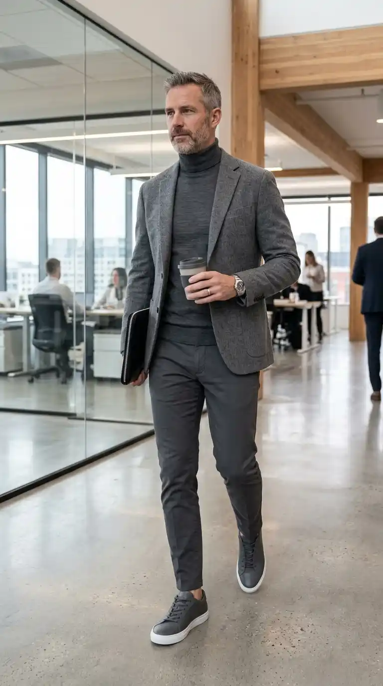21 Capsule Workwear Outfits for Men (Minimal Office Style) 17 8. Monochrome Grey Layers with Minimal Leather Sneakers