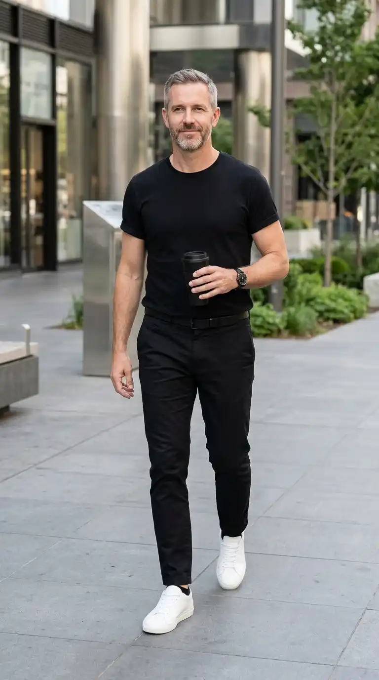 Weekend Outfits for Men Minimalist Wardrobe: 10 Stylish Ideas 11 8. Simple Black Outfit With White Sneakers for Modern Minimalism