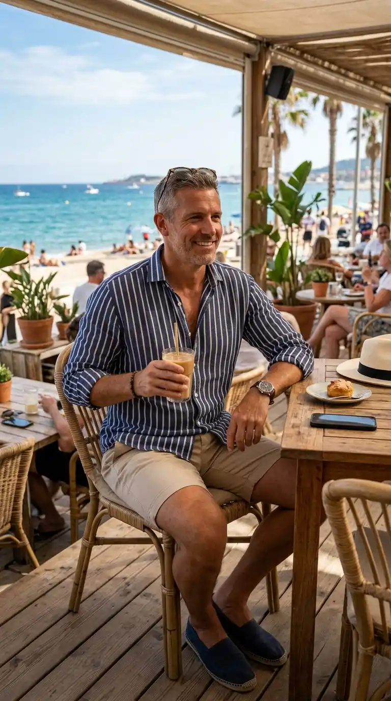 20 Men’s Travel Outfit Ideas for Spring Vacations 11 8. Striped Button-Up Shirt with Shorts for Beachside Cafés