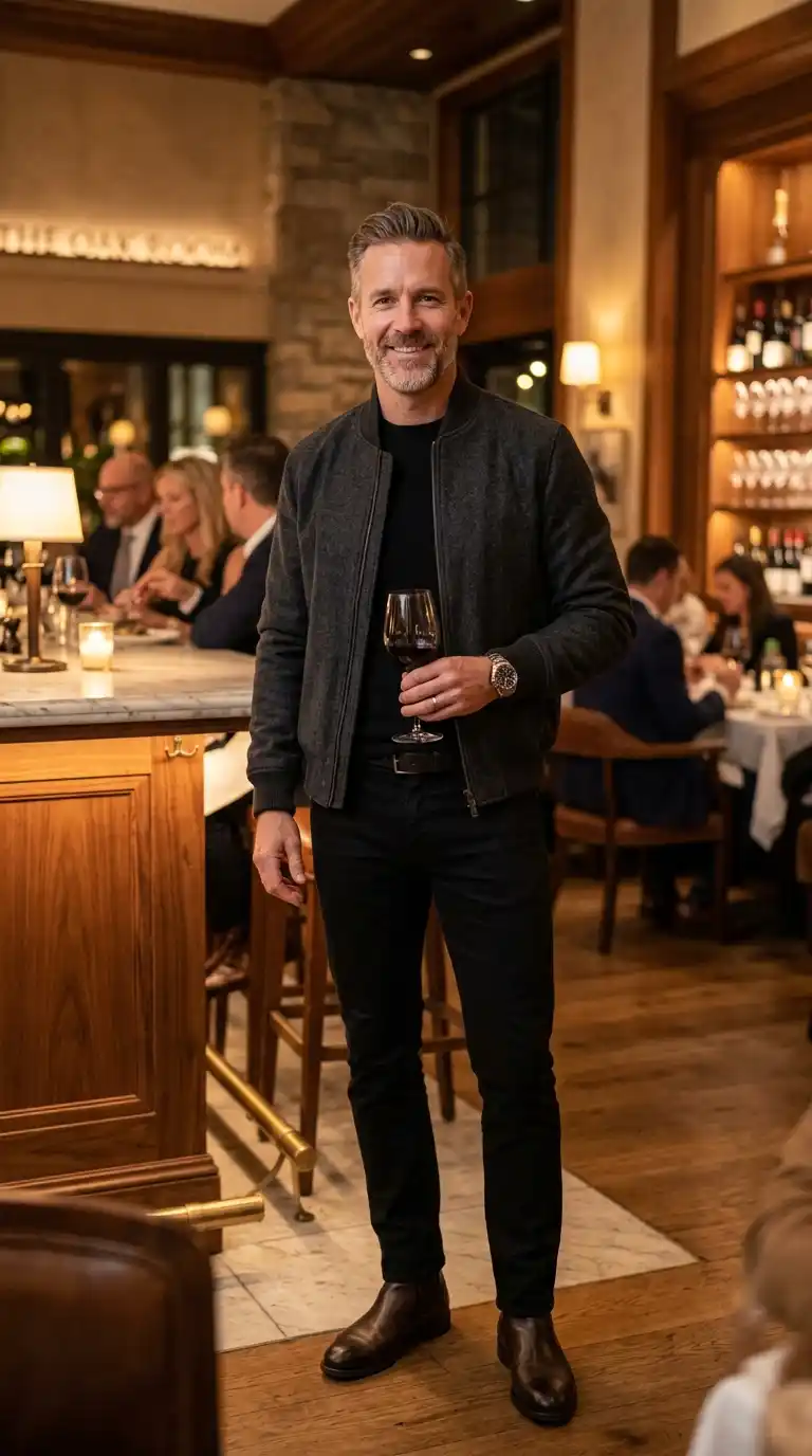 20 Men’s Travel Outfit Ideas for Spring Vacations 12 9. Bomber Jacket with Black Jeans for Evening Dinners