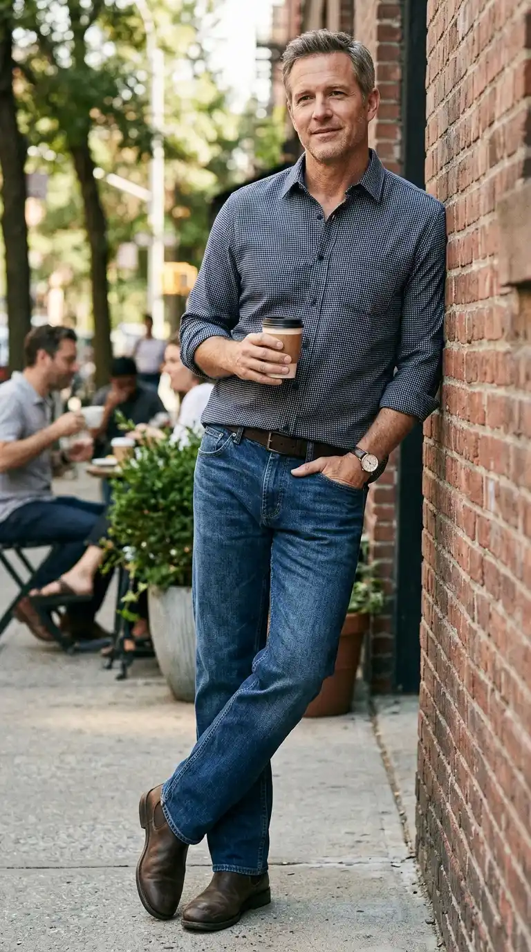 Weekend Outfits for Men Minimalist Wardrobe: 10 Stylish Ideas 12 9. Casual Button-Up Shirt With Relaxed Straight-Leg Jeans