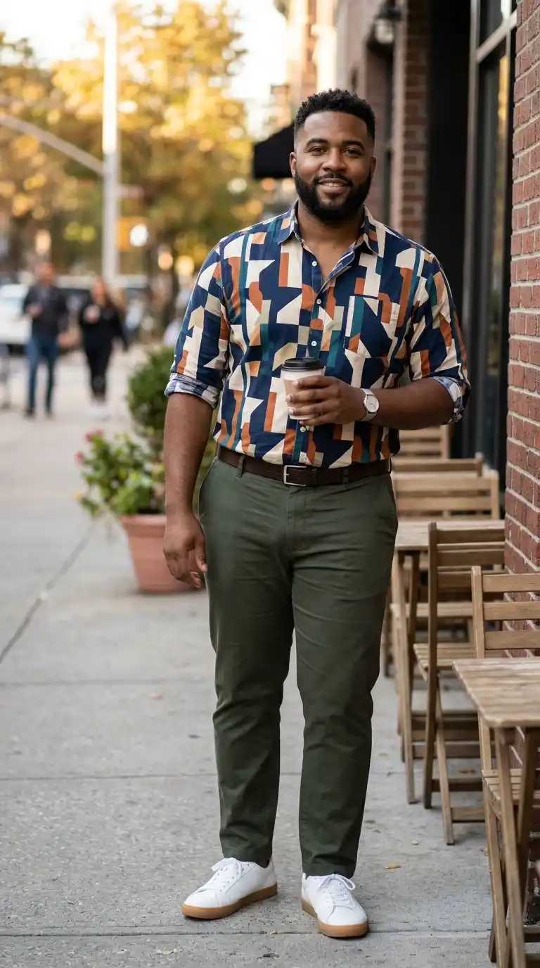 11 Weekend Outfits for Curvy Men Over 40 (casual & Comfy) 12 9. Striped T-Shirt with Neutral Shorts