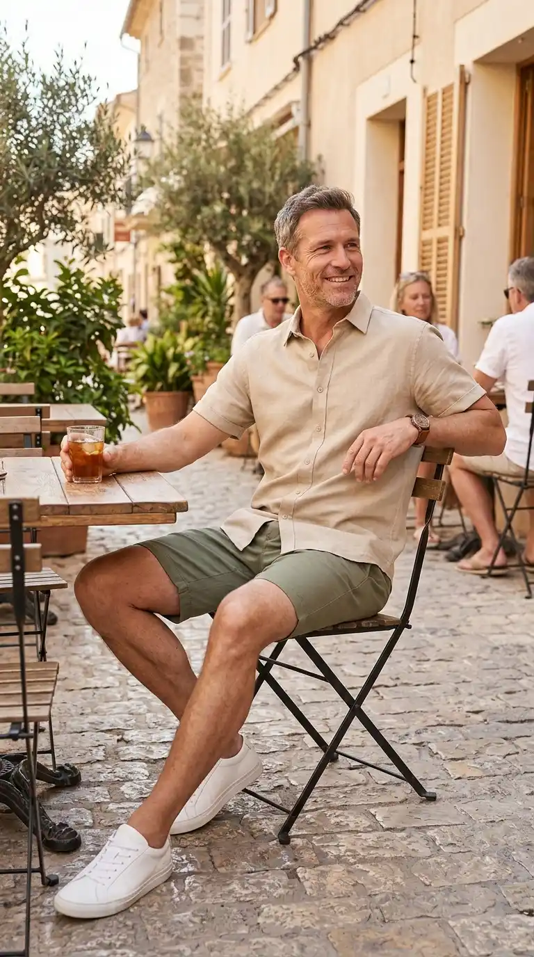 15 Minimalist Shirt Styles for Men Over 40 (Neutral Colors Only) 12 9. Sand-Colored Short Sleeve Shirts for Warm Weather Simplicity