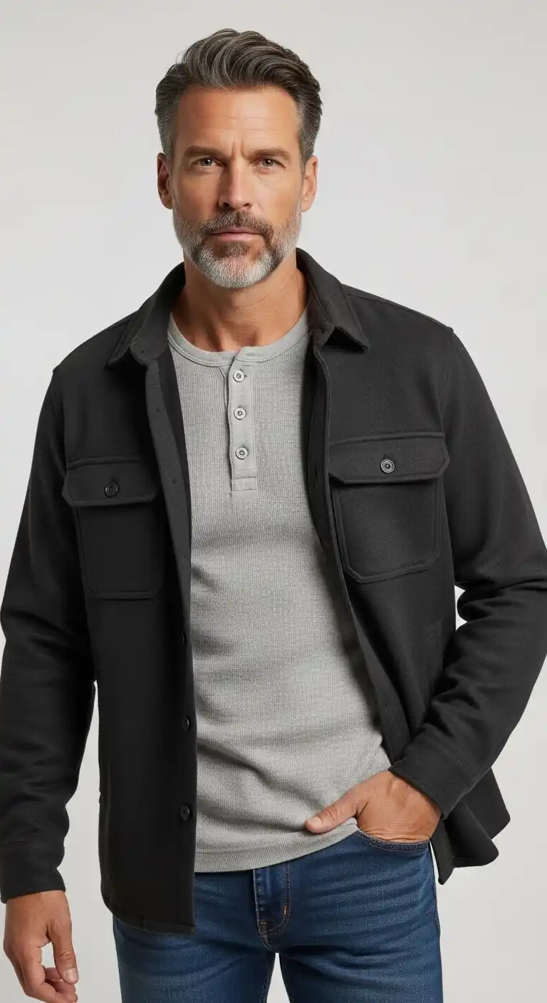 13 Stylish Layered Looks for Curvy Men Over 40 (Fall & Winter) 13 9. Thermal Shirt with Overshirt Jacket
