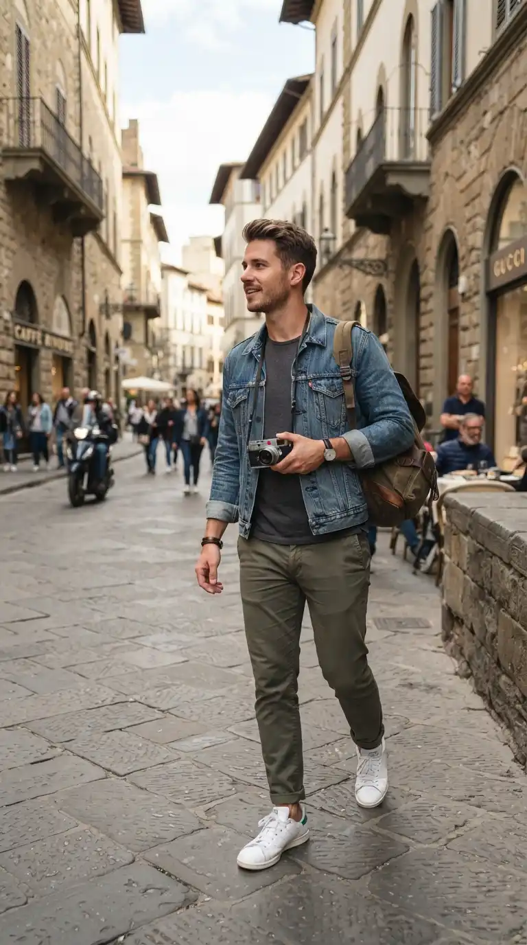 20 Men’s Travel Outfit Ideas for Spring Vacations 8 Denim Jacket with Neutral Trousers for City Exploring