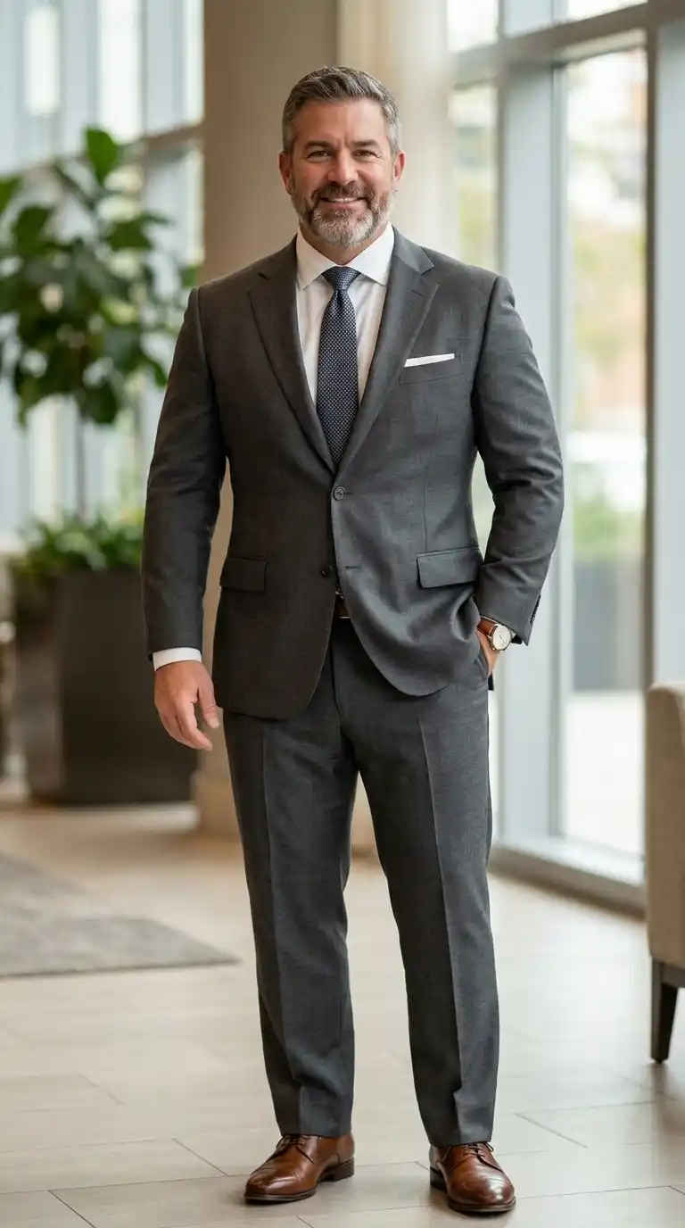 19 Suit Styles for Curvy Men Over 40 That Actually Flatter 18 12. Minimal Pattern Suit Styles for Curvy Men Over 40