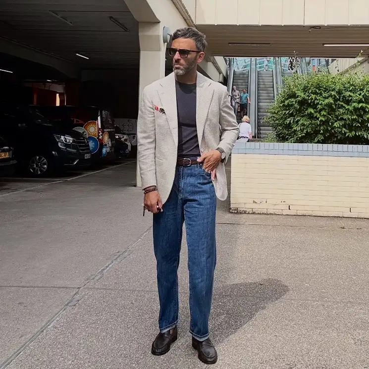 27 Minimalist Jeans and Pants for Men That Work in Every Season 5 Wide Leg Jeans Under a Blazer Without Looking Costumey