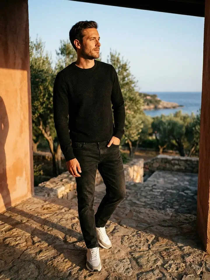 27 Minimalist Jeans and Pants for Men That Work in Every Season 6 Faded Black Jeans and a Knit for the Weather That Can't Decide