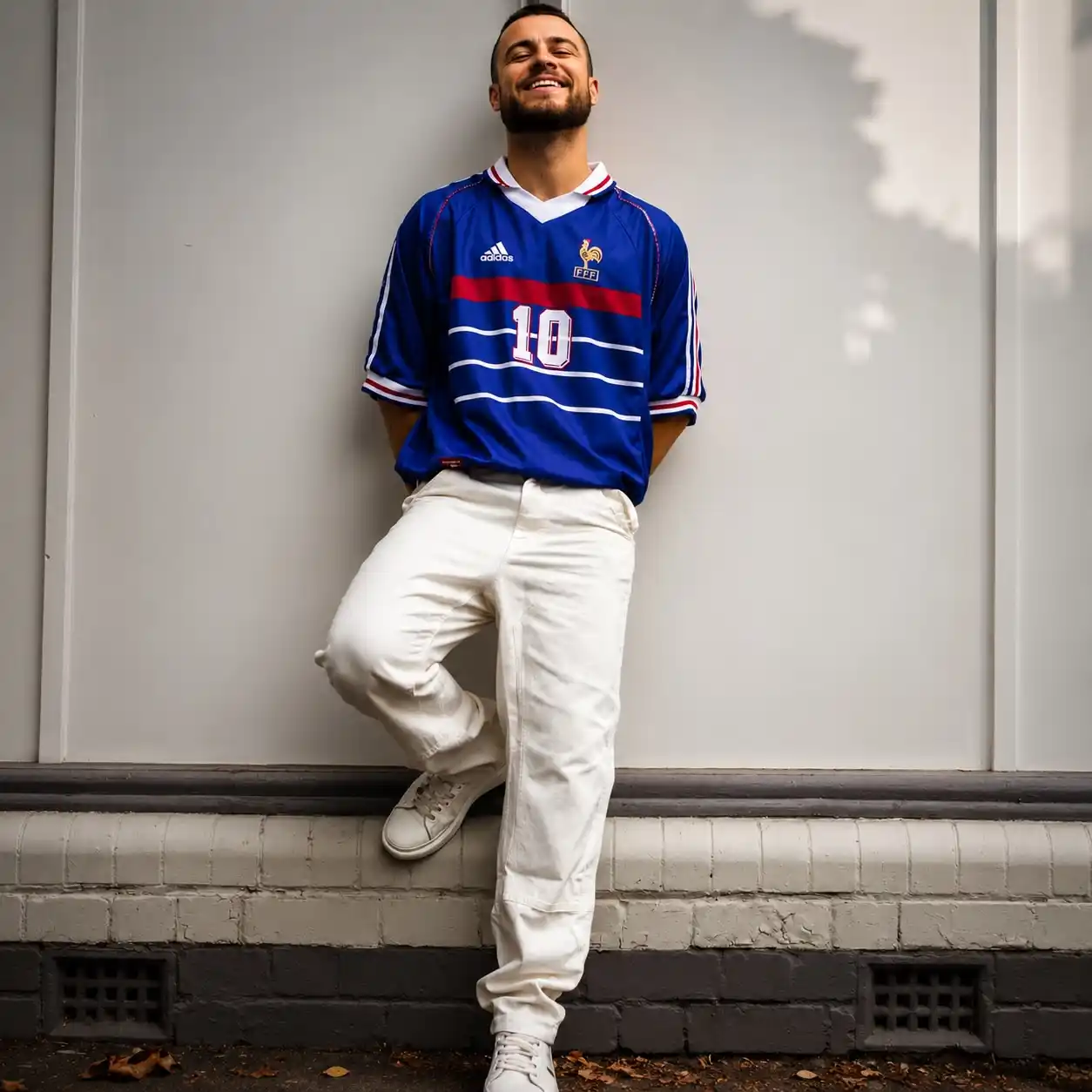 8. Vintage France Jersey With Cream White Trousers and White Sneakers